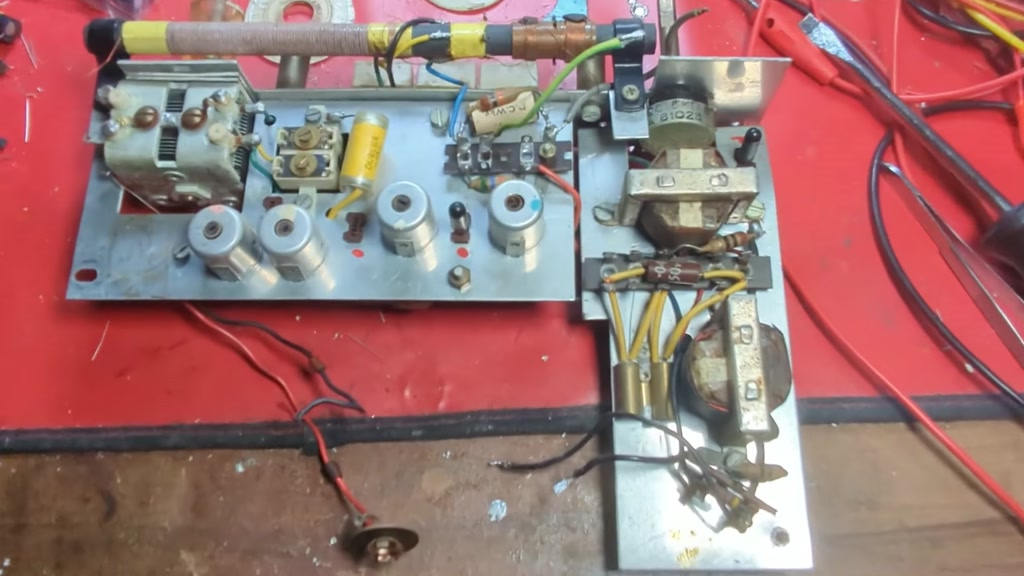 The radio chassis on the bench for testing