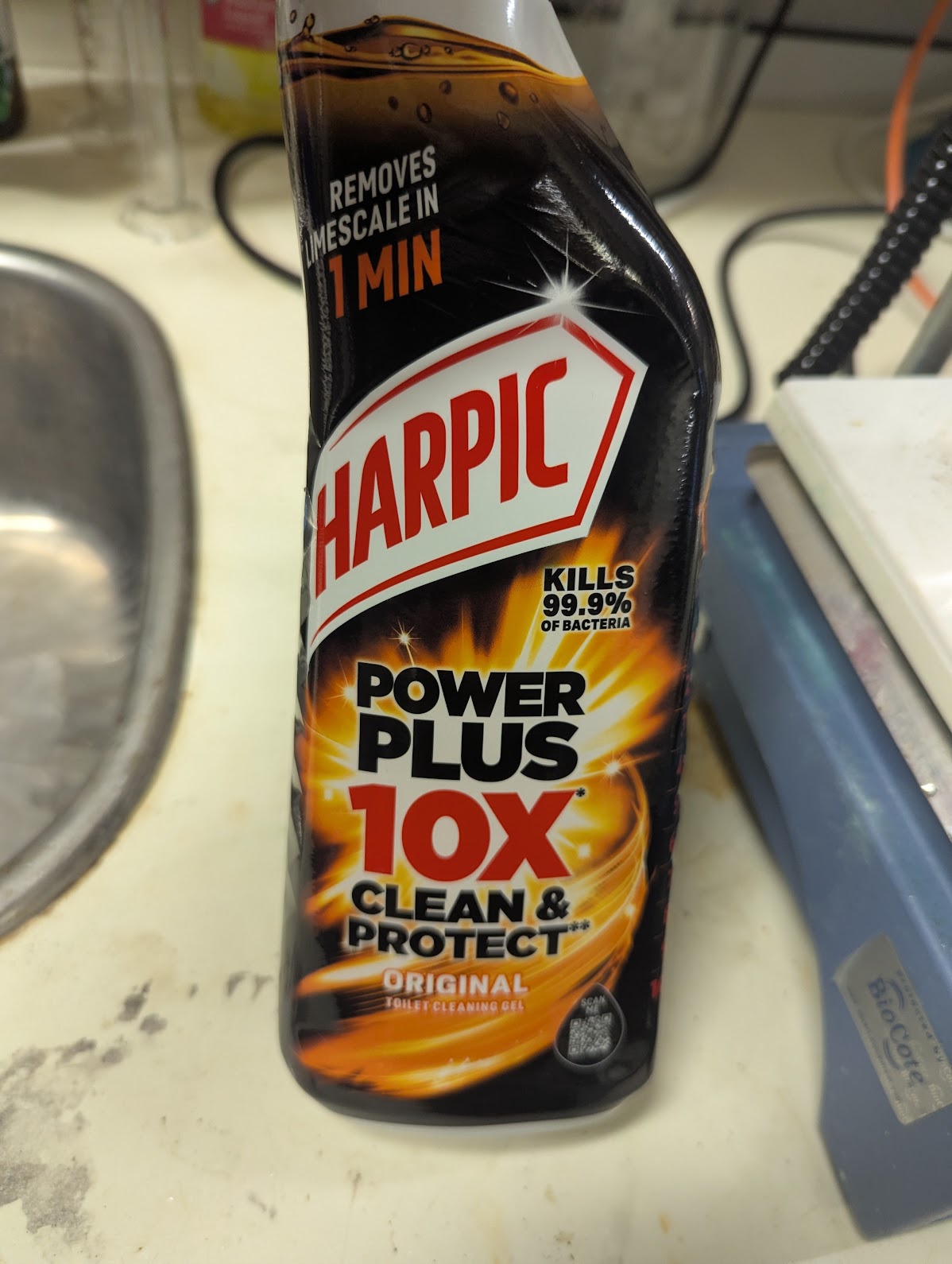 A bottle of 2025 vintage Harpic Power Plus.